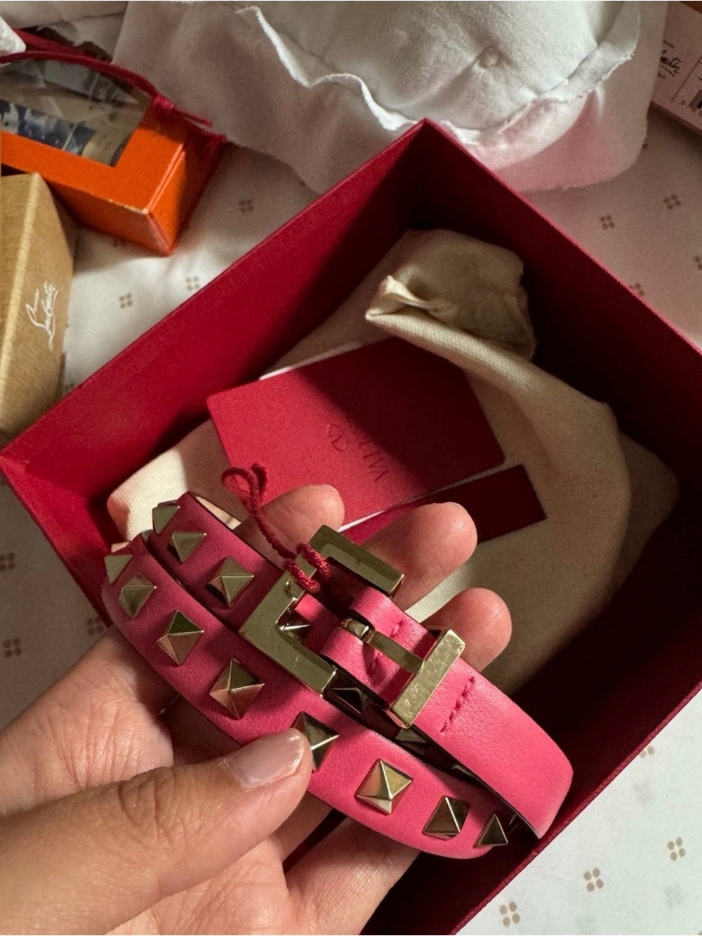 Valentino Pink Leather Studded Belt with Gold Hardware